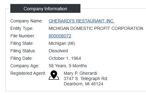 Gherardis Restaurant - Gherardis Restaurant, Inc Corporate Record